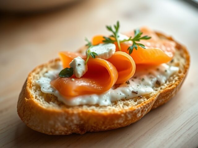 Sjalottenringen met gerookte zalm op een crouton van Turks brood
