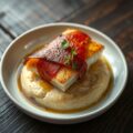 Skrei in een jasje van spek, mousseline van knolselder en aardappel