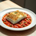 Skrei met een korstje van sesam en parmezaan, pizzaiolasaus
