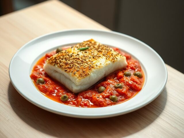 Skrei met een korstje van sesam en parmezaan, pizzaiolasaus