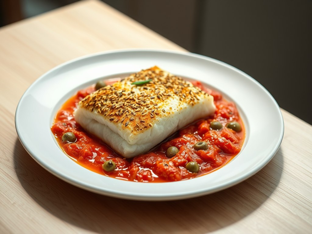 Skrei met een korstje van sesam en parmezaan, pizzaiolasaus, AI-gegenereerde illustratie