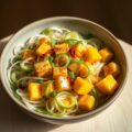 Slaatje van scheuten met mango en tofu