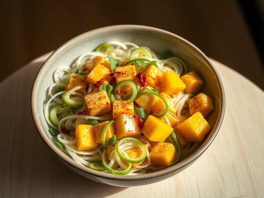 Slaatje van scheuten met mango en tofu, AI-gegenereerde illustratie