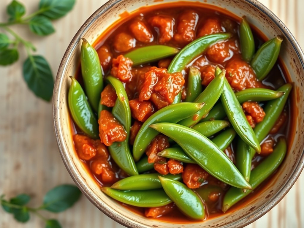 Snijbonen in tomatensaus, AI-gegenereerde illustratie