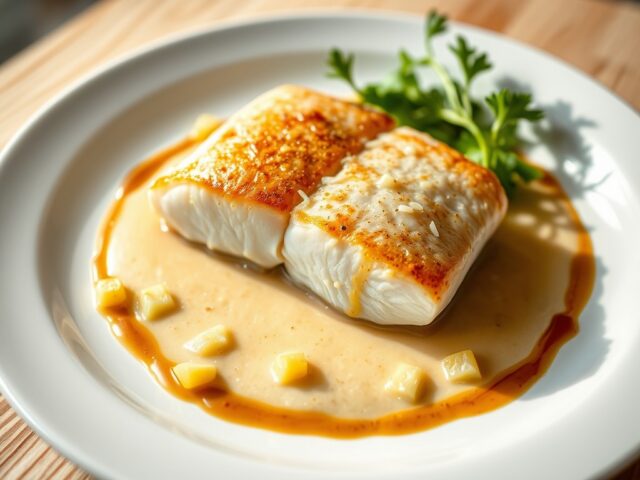 Snoekbaars `gelakt` met pijpjeskruid en rieslingsa
