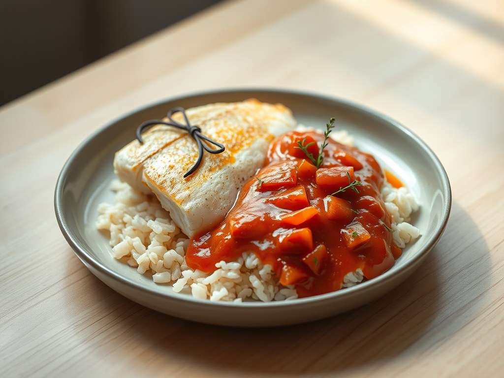Snoekbaarsfilet in paprikasaus, AI-gegenereerde illustratie