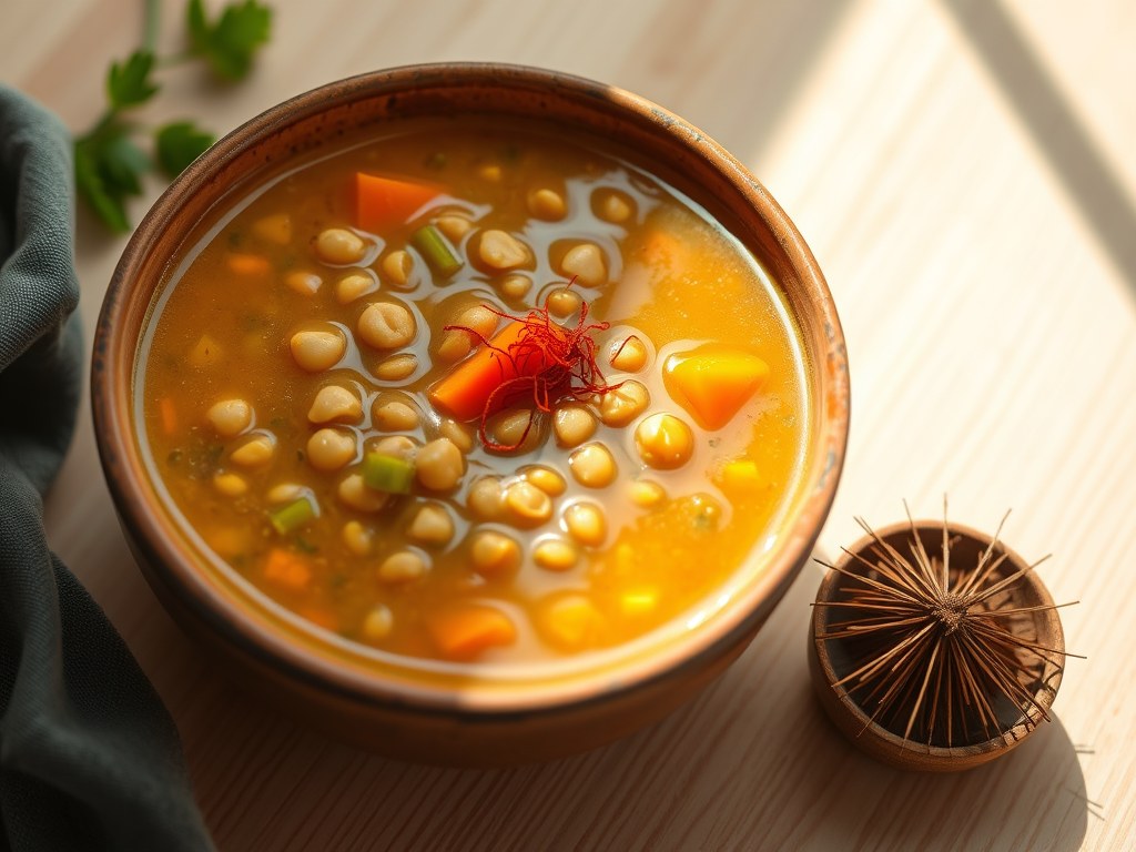 Soep (vegetarisch) met linzen en kikkererwten, AI-gegenereerde illustratie