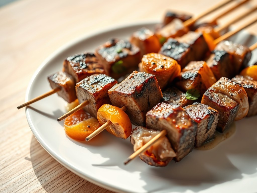 Sosaties (vleesspies) met abrikozen, AI-gegenereerde illustratie