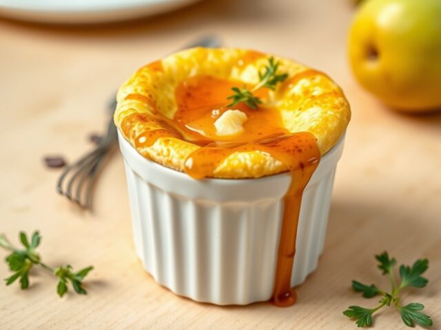Souffle van limburgse kaas met saus van perenstroop