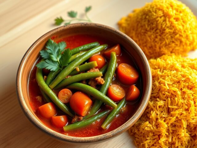 Spaanse sperziebonenstoof met chorizo, tomaat en kerrierijst