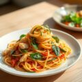 Spagettini met makreel in tomatensaus en spinazie