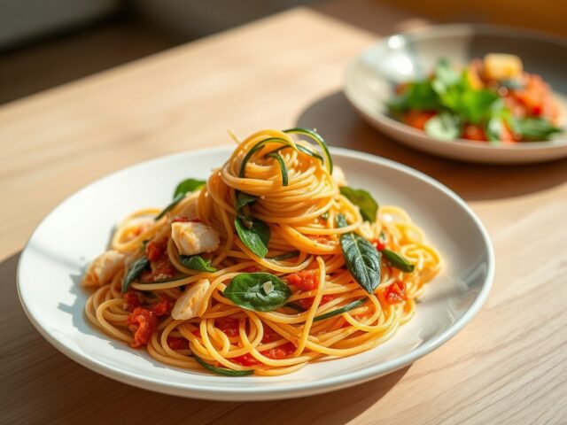 Spagettini met makreel in tomatensaus en spinazie