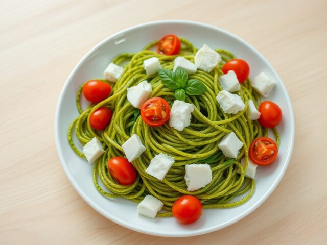 Spagettini met pesto, tomaat en mozarella