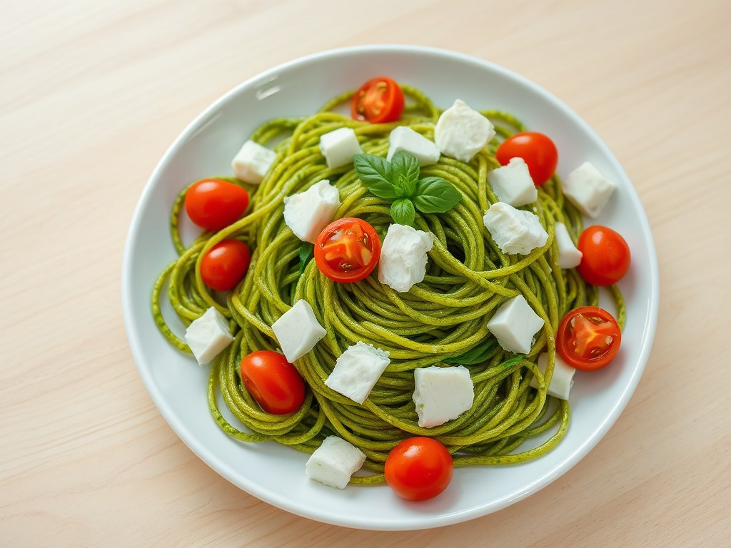 Spagettini met pesto, tomaat en mozarella, AI-gegenereerde illustratie