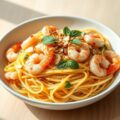 Spaghetti Ajo, Ojo e Pepperonico met Citroen, Mint en Garnalen