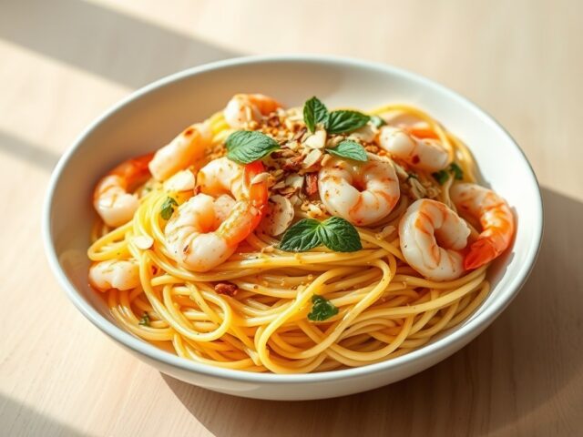 Spaghetti Ajo, Ojo e Pepperonico met Citroen, Mint en Garnalen