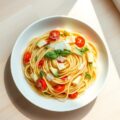 Spaghetti al aglio e oglio met cherrytomaatjes en avocado