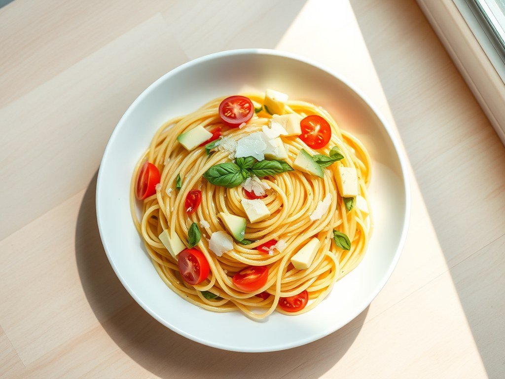 Spaghetti al aglio e oglio met cherrytomaatjes en avocado, AI-gegenereerde illustratie