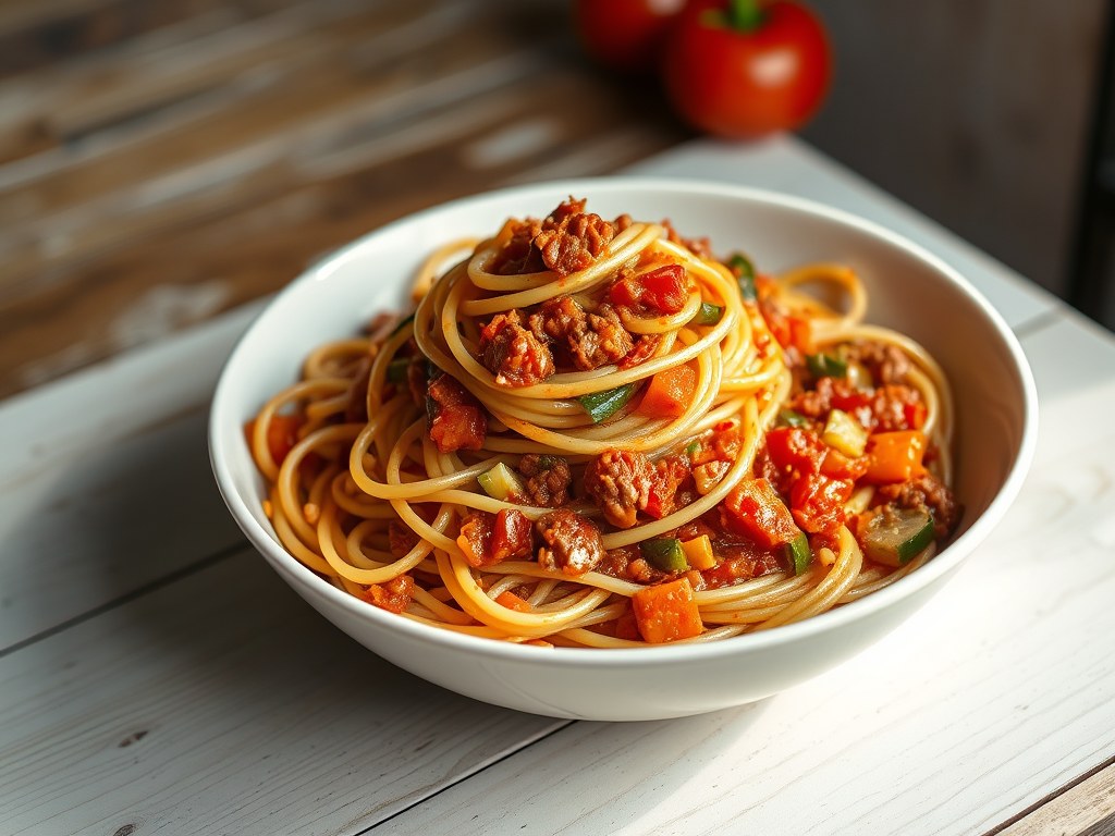 Spaghetti bolognese met groenten, AI-gegenereerde illustratie