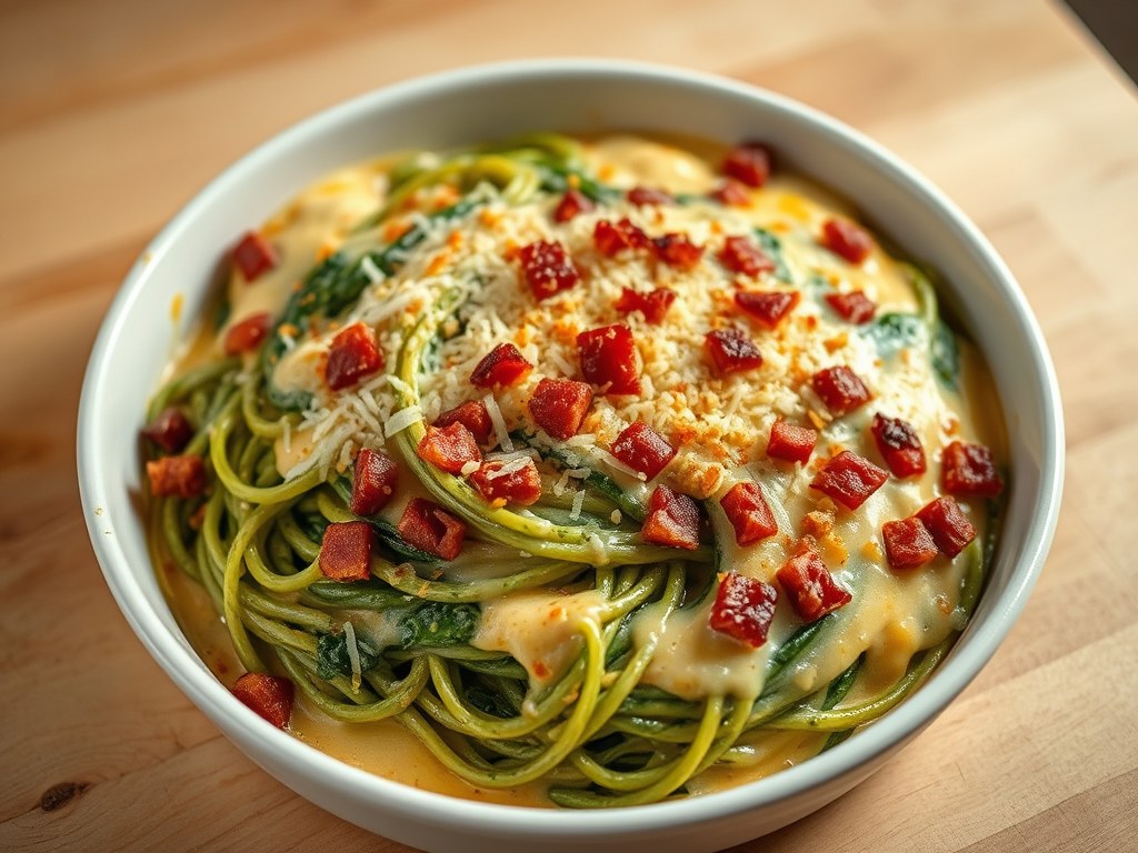 Spaghetti carbonara overbakken, AI-gegenereerde illustratie