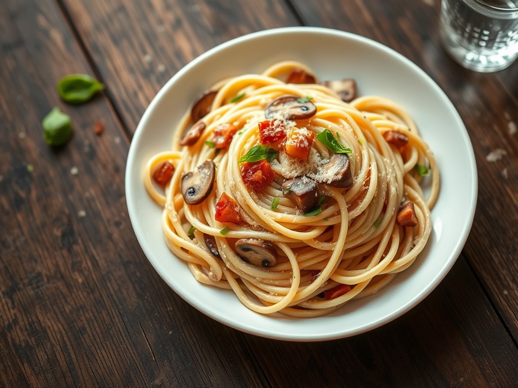 Spaghetti con funghi (spaghetti met champignons), AI-gegenereerde illustratie