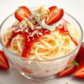 Spaghetti-ijs met chocoladesaus en gebrande amandel