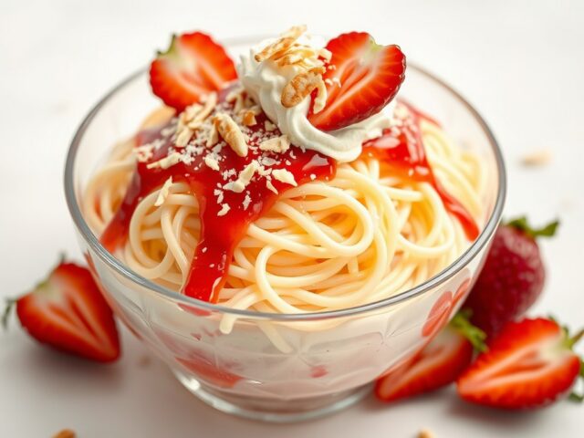 Spaghetti-ijs met chocoladesaus en gebrande amandel