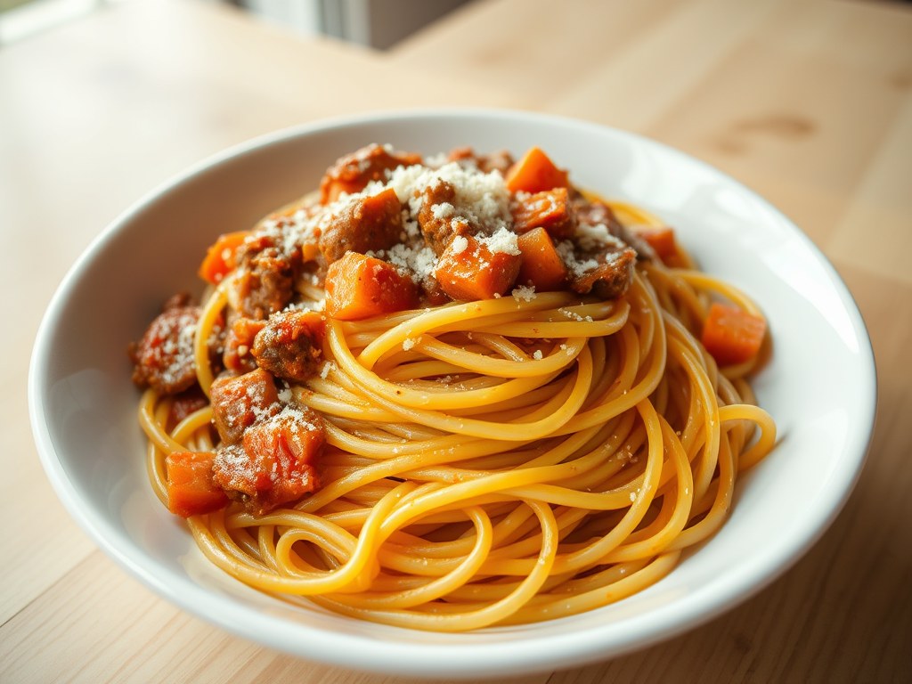 Spaghetti met Bolognese saus, AI-gegenereerde illustratie
