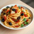 Spaghetti met gebakken mul, zongedroogde tomaatjes