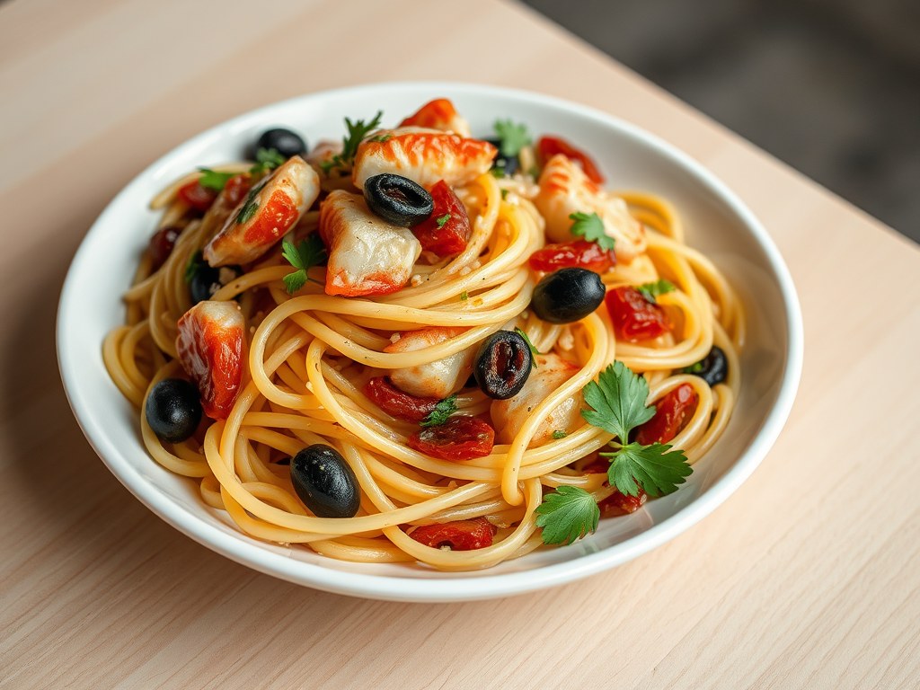 Spaghetti met gebakken mul, zongedroogde tomaatjes, AI-gegenereerde illustratie