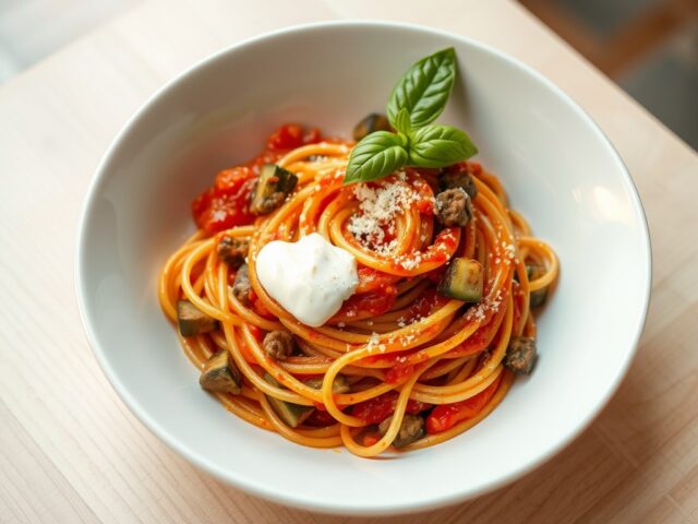 Spaghetti met groente- tomatensaus