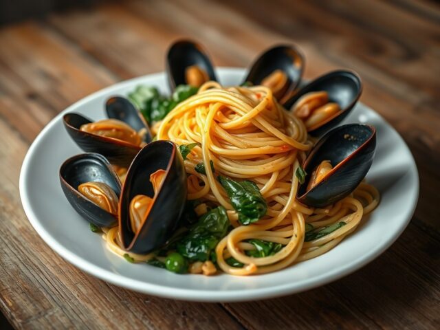Spaghetti met mosselen en spinazie