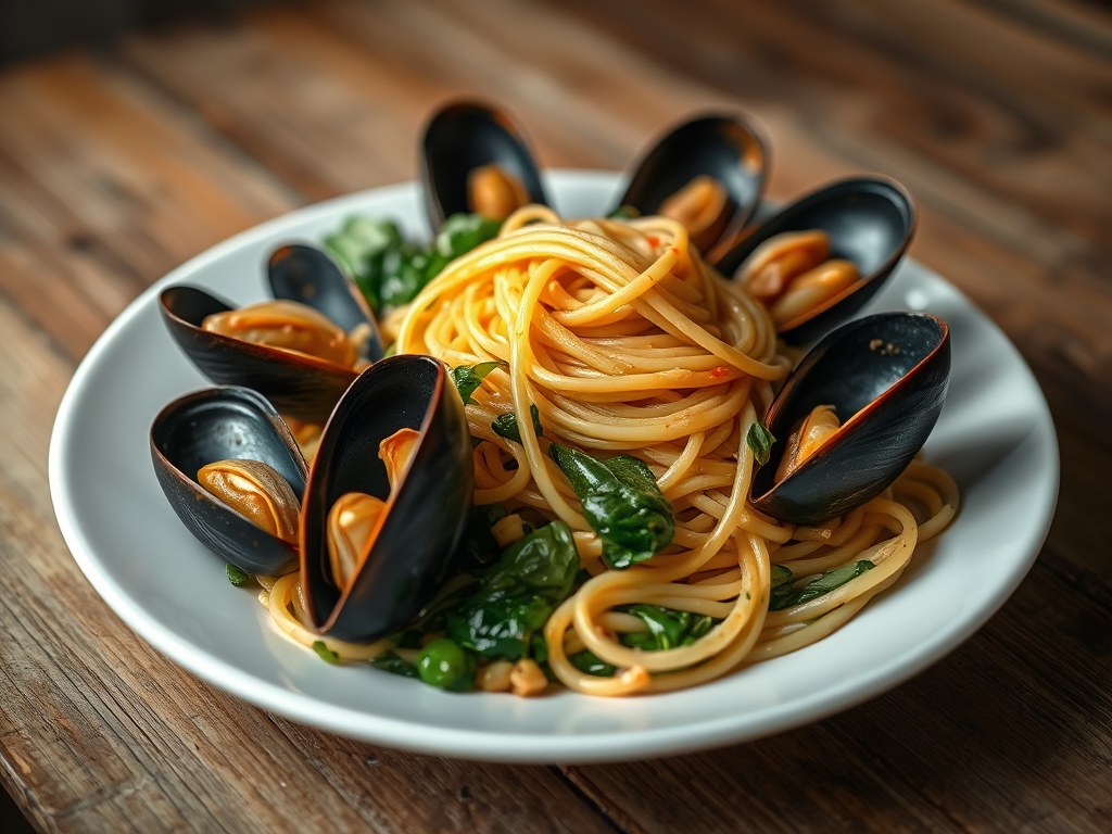 Spaghetti met mosselen en spinazie, AI-gegenereerde illustratie
