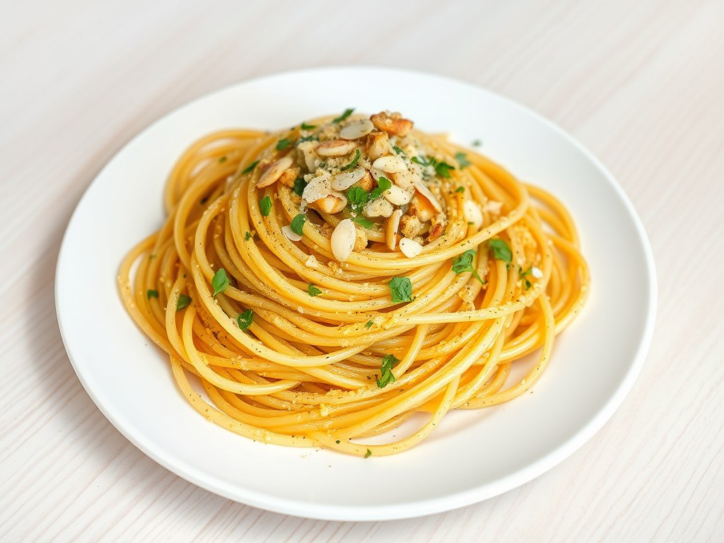 Spaghetti met op Smaak Gebracht Broodkruim, AI-gegenereerde illustratie