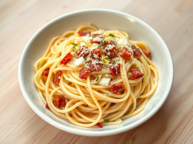 Spaghetti met prei, bacon, mascarpone en citroen