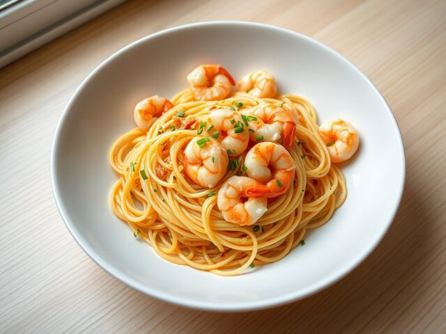Spaghetti met roze garnalen