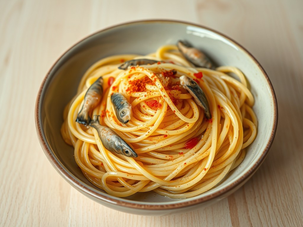 Spaghetti met sardientjes, AI-gegenereerde illustratie