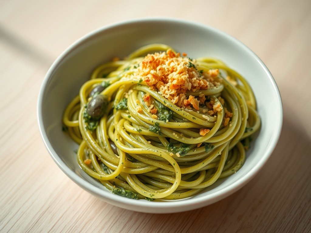 Spaghetti met Saus van Groene Olijven en Gebakken Broodkruim, AI-gegenereerde illustratie