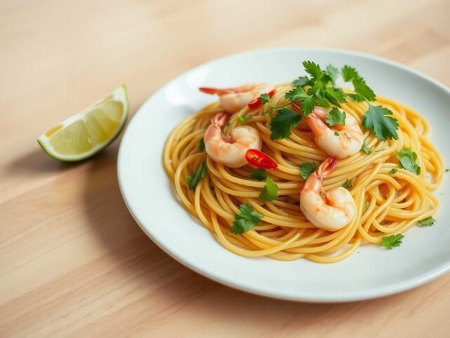 Spaghetti met scampi’s en koriander