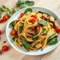 Spaghetti met spinazie, aubergines, tomaten en kappertjes