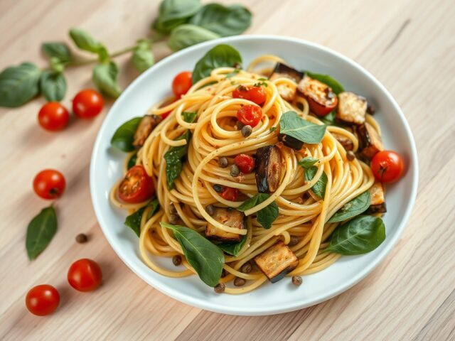 Spaghetti met spinazie, aubergines, tomaten en kappertjes