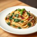 Spaghetti met spinazie, champignons, spekjes en kruidenkaas
