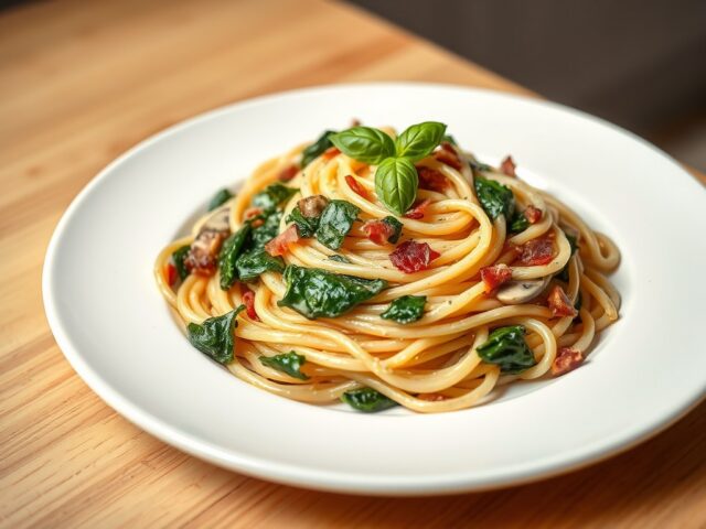 Spaghetti met spinazie, champignons, spekjes en kruidenkaas