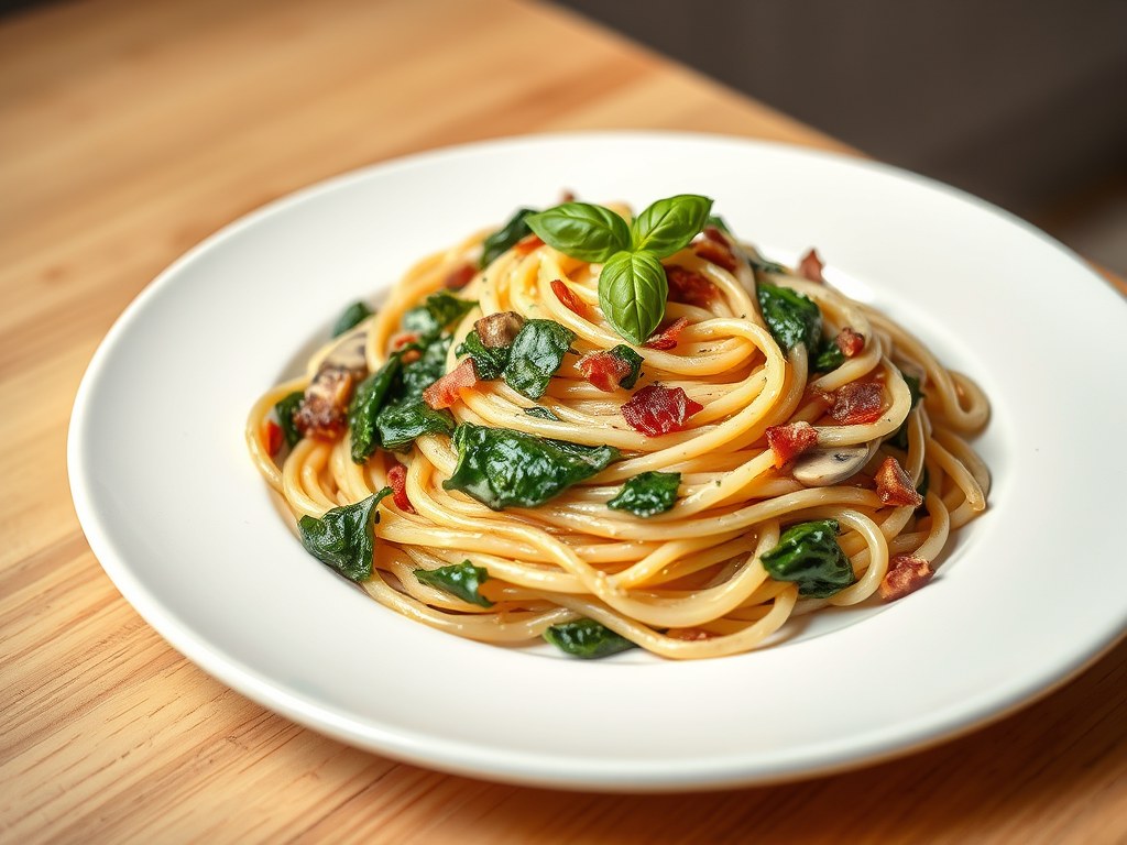 Spaghetti met spinazie, champignons, spekjes en kruidenkaas, AI-gegenereerde illustratie