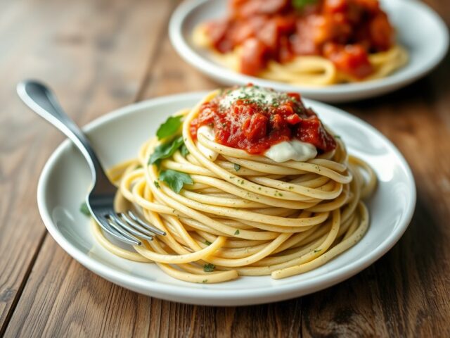 Spaghetti met spinazie à la crème en Boursin