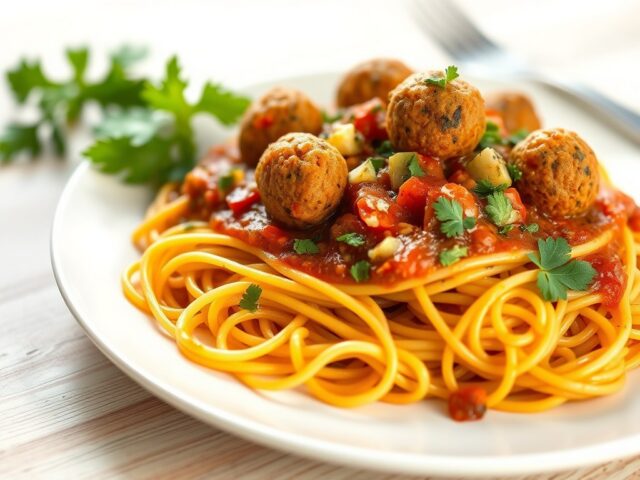 Spaghetti met Valessballetjes in italiaanse groentensaus