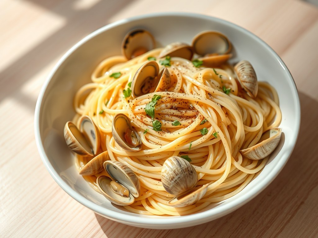 Spaghetti met venusschelpjes, AI-gegenereerde illustratie