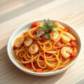 Spaghetti met zalm, garnalen, venkel en tomatensaus