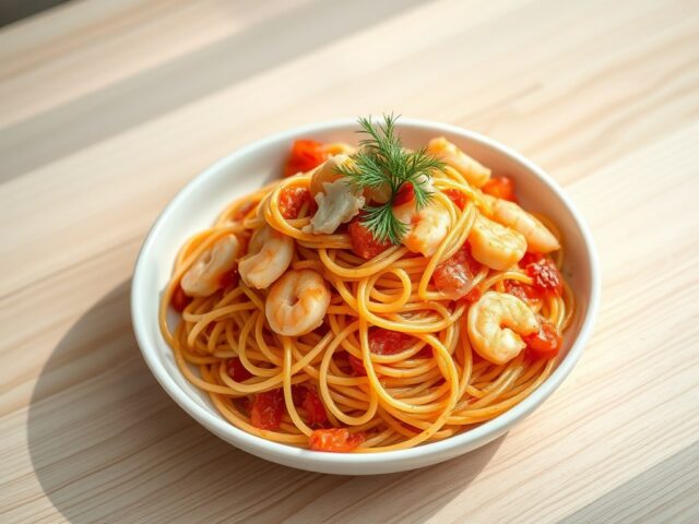 Spaghetti met zalm, garnalen, venkel en tomatensaus