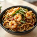 Spaghetti van Bruine Rijst met Garnalen en Sesam (Glutenvrij)